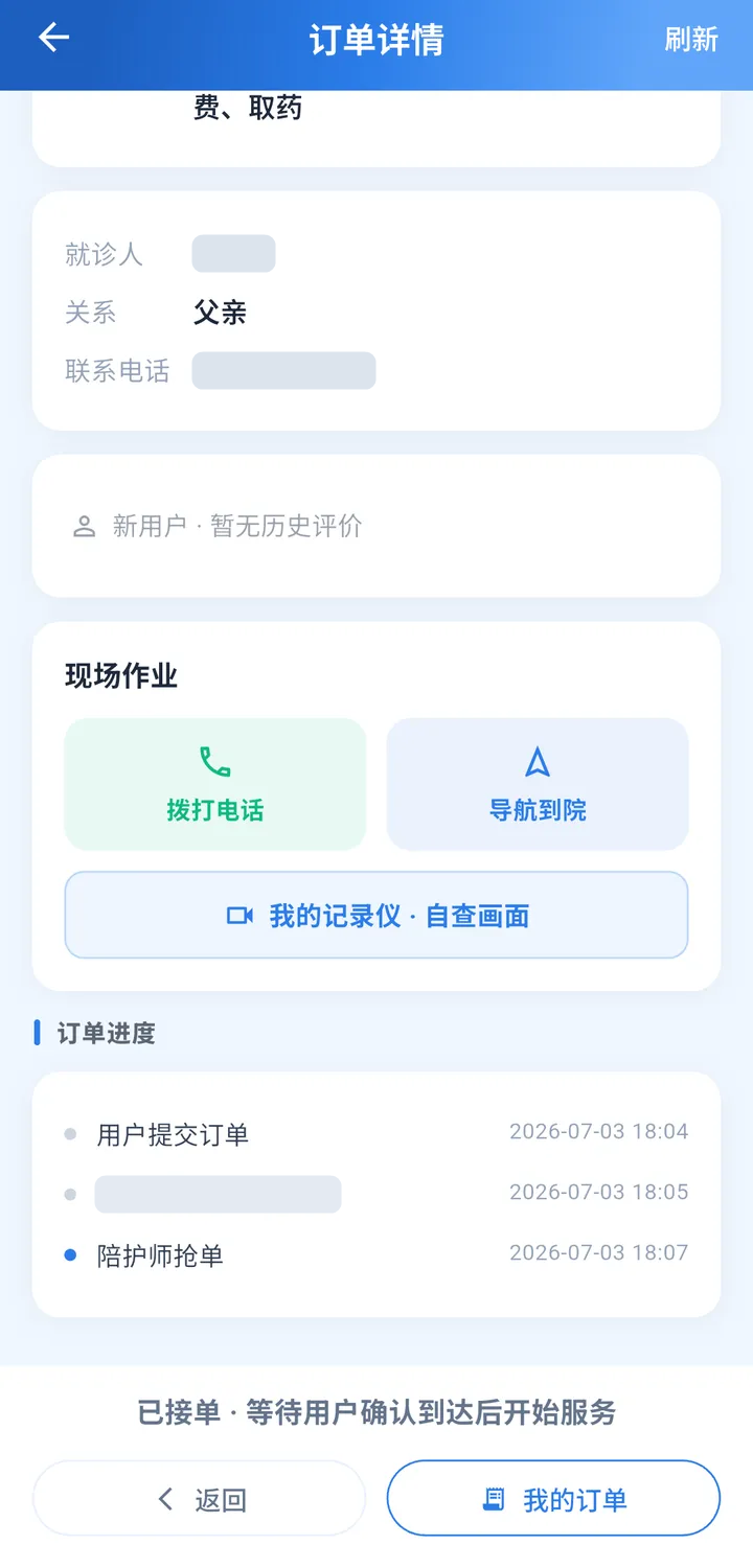 订单详情截图:就诊人与联系方式(已脱敏)、拨打电话与导航到院、记录仪自查入口、订单进度时间线