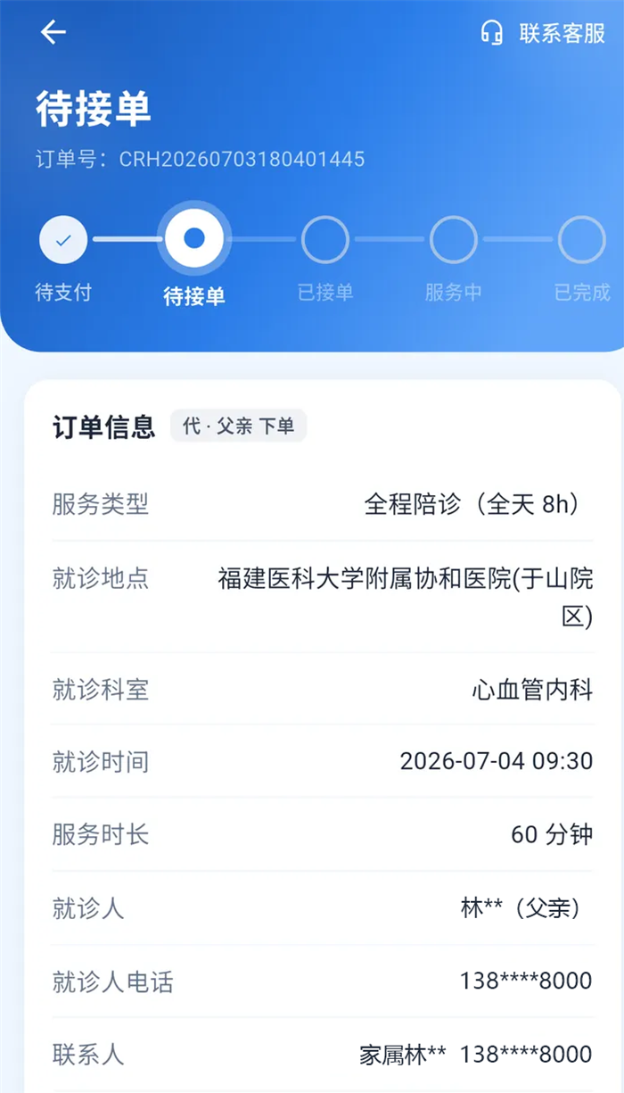 订单详情截图：五节点进度条与订单信息，标注为代父亲下单