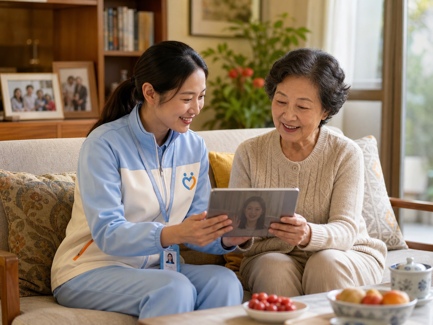 陪伴师上门探访长辈,并通过视频向异地子女同步近况